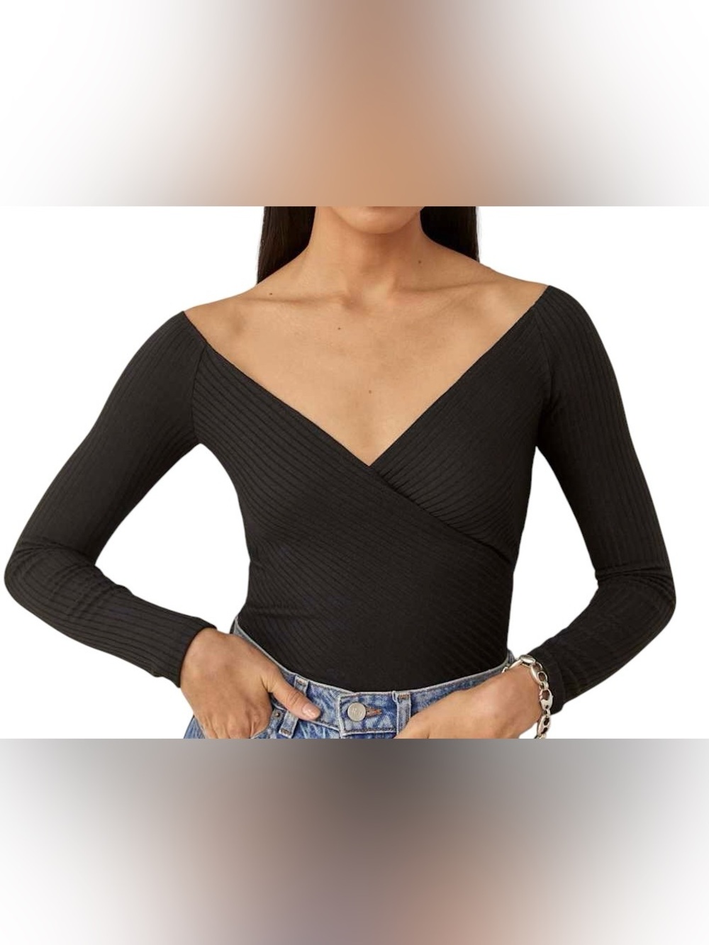 Reformation Minnie Surplice Ribbed Top Black Size Medium